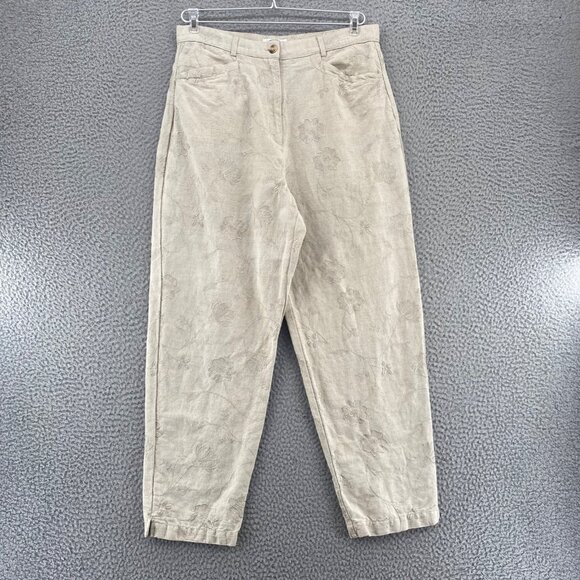 Talbots Pants Womens 12 Petite Beige Irish Linen Blend Embroidered Floral Crop - Picture 1 of 12